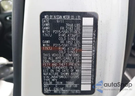 2012 Nissan Juke Sl z USA, uszkodzony, nr VIN JN8AF5MR3CT101095